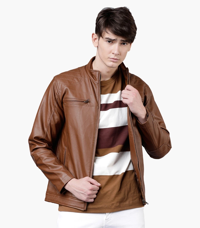 Men Brown Solid Biker Jacket